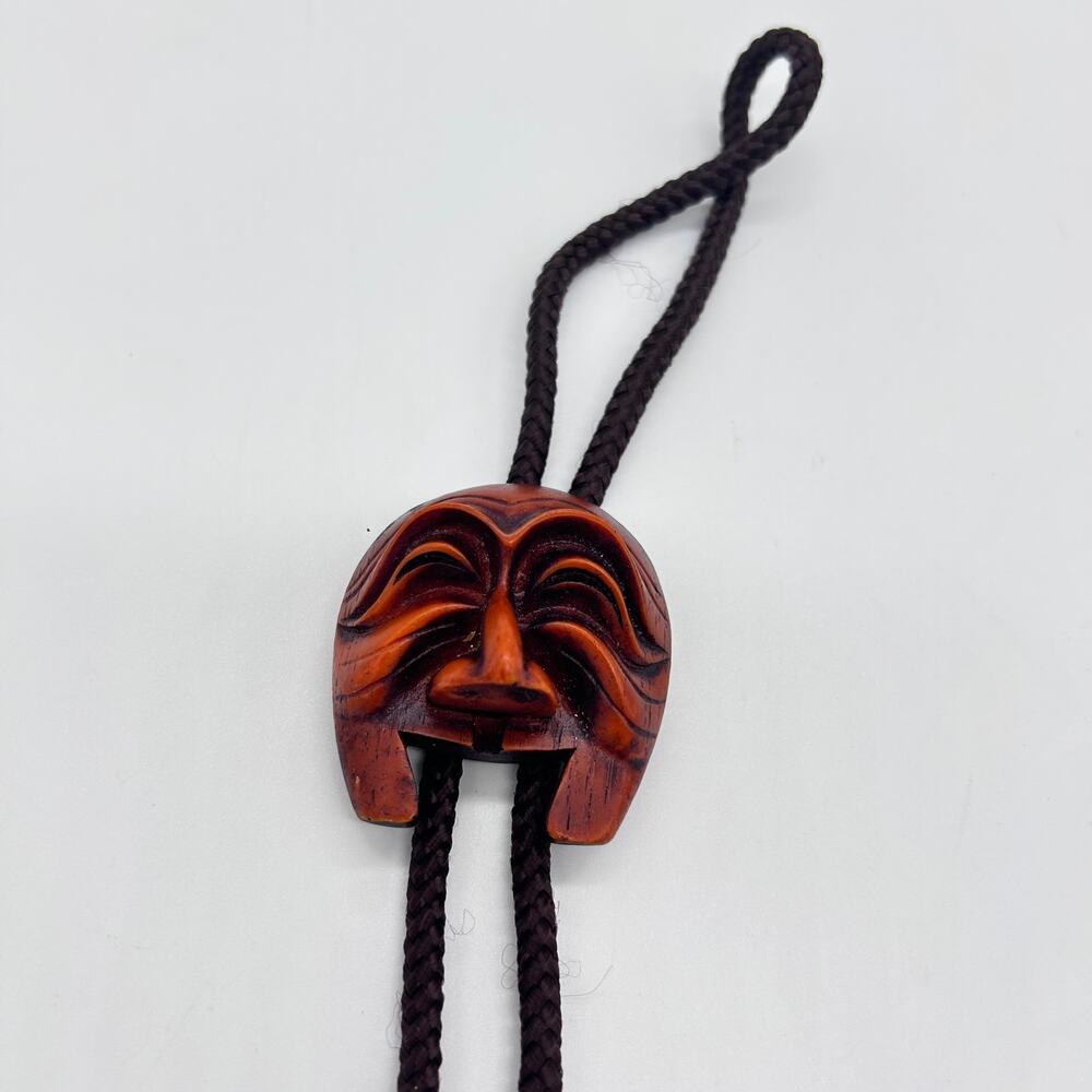 Vintage Korean Carved Wooden Hahoe Mask Bolo Tie Unique Traditional Asian Men's